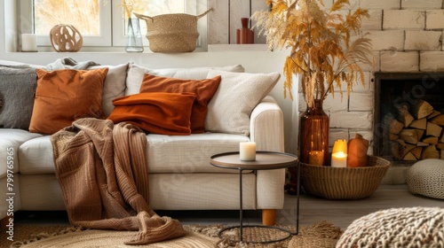 A warm and cozy living room decorated with blankets and pillows in earthy tones inspired by fall foliage..