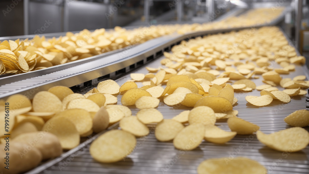 Potato chips are being conveyed along a production line