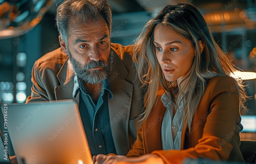 A female technician and a middle-aged engineer are talking while using a laptop. A female technician and a middle-aged engineer are talking while using a laptop.