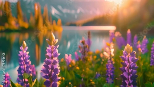 Colorful full lupine flowers growing beside a blue lake, morning sunlight, and mountain in the background photo