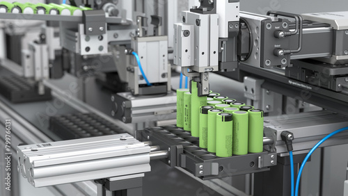 Automatic assembly line for lithium batteries. Robotic packaging with pneumatic grippers. 3d render photo