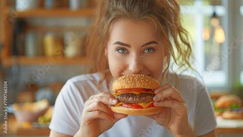 Overweight young woman at a kitchen table  enjoying a hamburger.