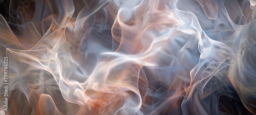 Dynamic, swirling forms that resemble smoke or fluid silk, with a soft interplay of light and shadow. Fractal image.  photo