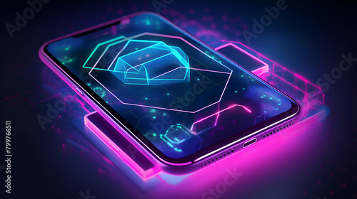 Futuristic smartphone with neon triangle design on screen, glowing edges, against abstract geometric background