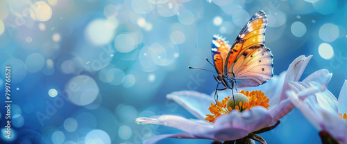 A delicate butterfly perched on the center of an oversized white flower  with vibrant blue and yellow hues in the background  creating a dreamy atmosphere. 