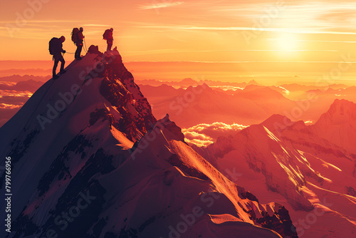 Hikers on a mountain at sunset, silhouetted against vibrant skies, embodying adventure and nature’s grandeur.