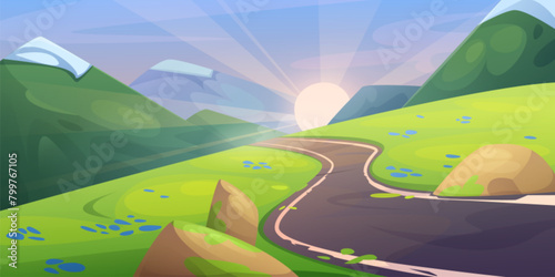 Summer sunset or sunrise mountains landscape with winding road, green grass and rocks on roadside. Cartoon vector morning or evening sunny scenery with empty asphalt serpentine highway and hills. © klyaksun