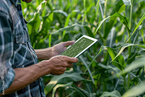 Farmers use tablets to analyze data and experiment with growing corn. AI data innovation improves cultivation efficiency for quality 