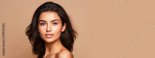 Beautiful, elegant, sexy Latino, Spain woman with perfect skin, on a creamy beige background, banner.