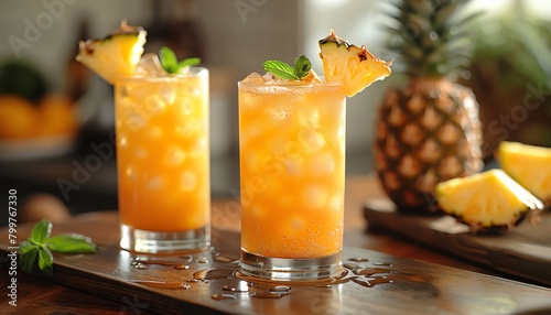 pineapple juice, pineapple chunks, clear glass, ice, wood table, mint