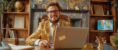 Using a laptop to create an online business, a successful, enthusiastic and humorous young man in a golden suit sits at a desk with a gold bar. photo