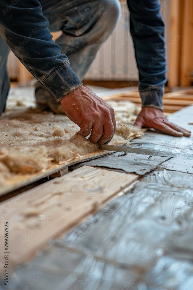 Master installs the overlapping thermal insulation in the room. Floor heating installation. Male hand holds reinforced tape. Repair in the apartment, floor insulation
Master installs the overlapping thermal insulation in the room. Floor heating installation. Male hand holds reinforced tape. Repair in the apartment, floor insulation
