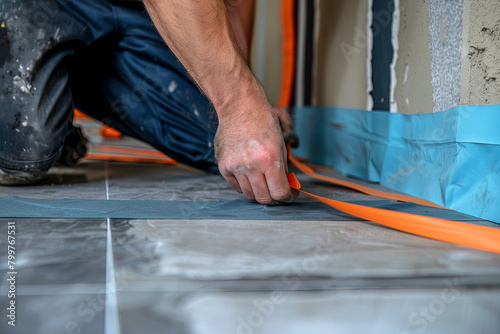 Master installs the overlapping thermal insulation in the room. Floor heating installation. Male hand holds reinforced tape. Repair in the apartment, floor insulation 