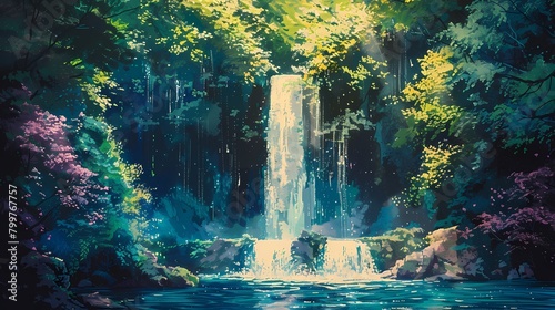 waterfall deep within a lush forest landscape abstract art poster background