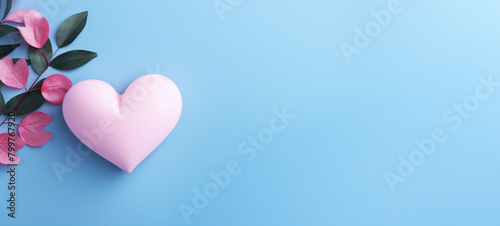 A pink heart and several pink flowers are arranged on a bright blue background, generative AI