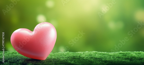 A pink heart-shaped object placed on top of a ground covered with green moss, generative AI