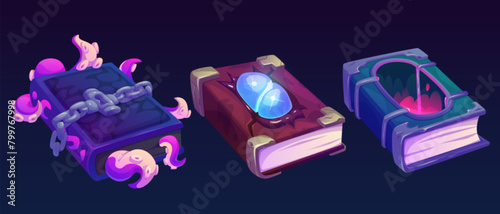 Magic wizard or witchcraft books with fantastic hardcovers. Cartoon vector game ui assets set of closed fantasy ancient textbooks with mystery spells or sorcerer recipe. Fairytale myth grimoire. © klyaksun