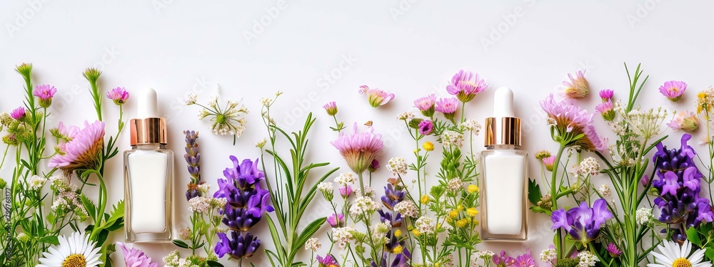 various cosmetics and flowers with space for text, Generative AI, various cosmetics and flowers with space for text, Generative AI,