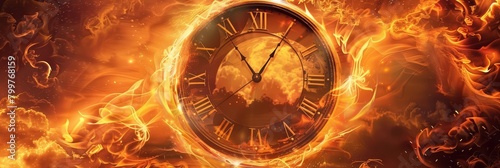 Design a vintageinspired circular clock with traditional Roman numerals, engulfed in swirling orange and red flames photo