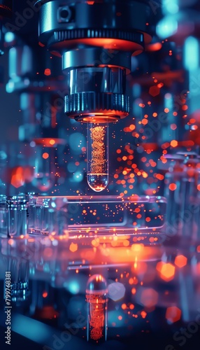 A close-up of a machine filling a test tube with a glowing orange liquid. The machine is surrounded by blue and orange lights and has a glass window on the front.