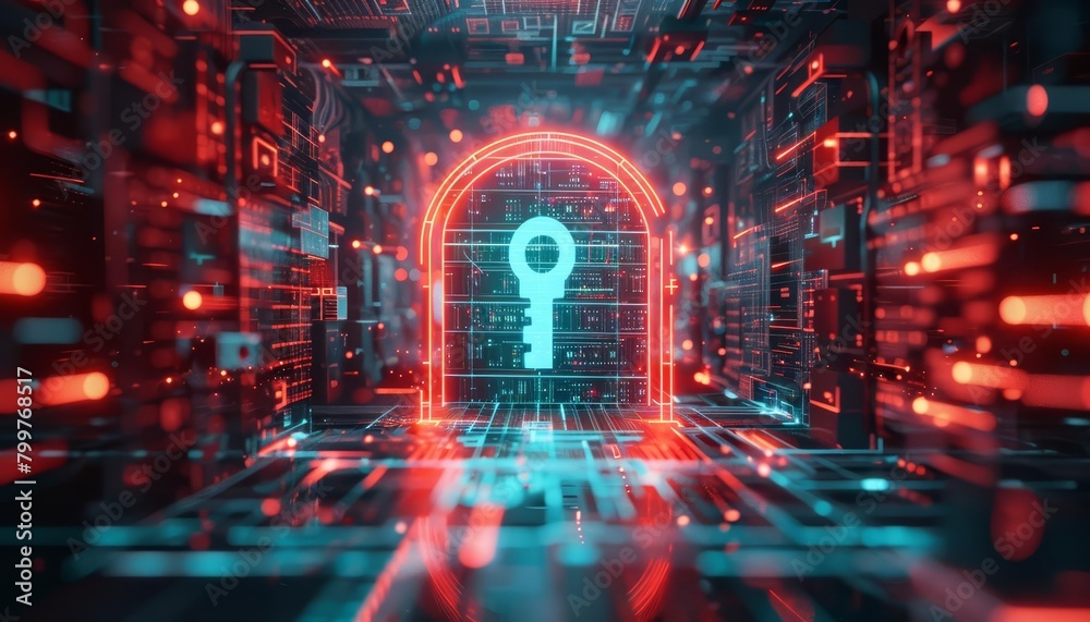 Explore the theme of unlocking your potential through a visually striking 3D illustration of a keyhole surrounded by layers of digital security features Explore the theme of unlocking your potential through a visually striking 3D illustration of a keyhole surrounded by layers of digital security features