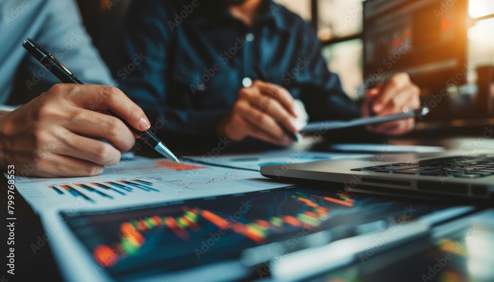 Financial analysts peer over charts, their lines and figures a map to navigate the turbulent waters of the stock market, background concept