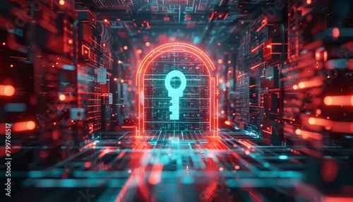 Explore the theme of unlocking your potential through a visually striking 3D illustration of a keyhole surrounded by layers of digital security features photo