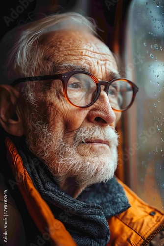 An old man stares out the window, lost in thought.