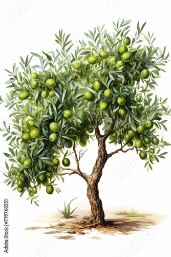An olive tree with green olives on a white background