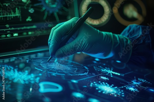 In a hightech lab, an engineer uses a pen interface to interact with and neutralize a malicious worm, illustrating a futuristic macro concept