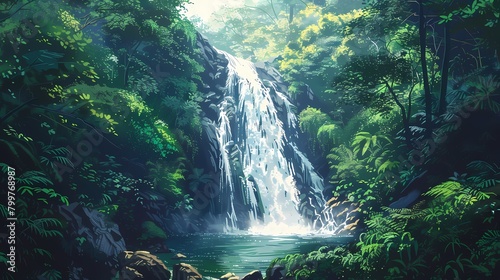 waterfall deep within a lush forest landscape abstract art poster background