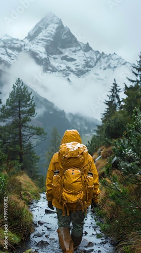A man standing in the rain with a backpack on his back. The man is wearing a green jacket and the backpack is brown. The background is a forest and it is raining heavily.