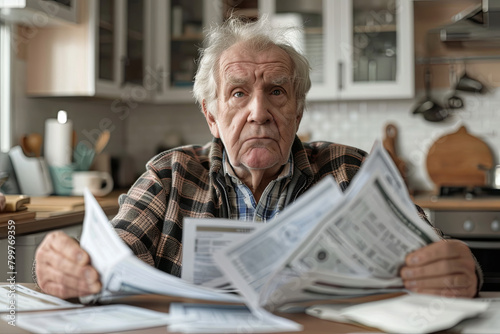 confused elderly man sitting with bills and taxes in kitchen 