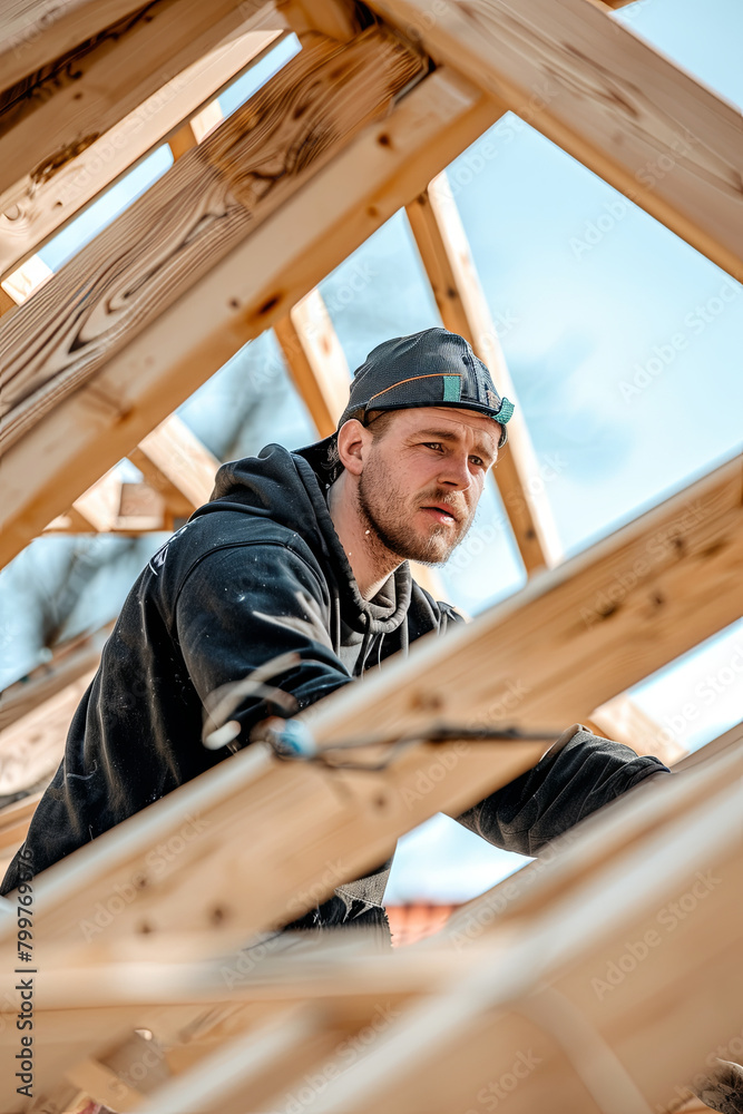 male roofer carpenter working on roof structure on construction site
