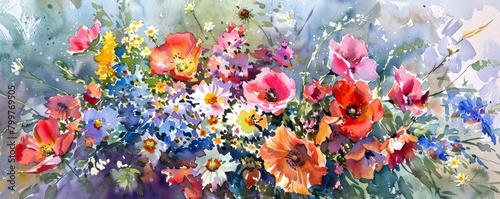 Mom arranges a bouquet of wildflowers, each stem carefully chosen to brighten the family dinner table, bright water color