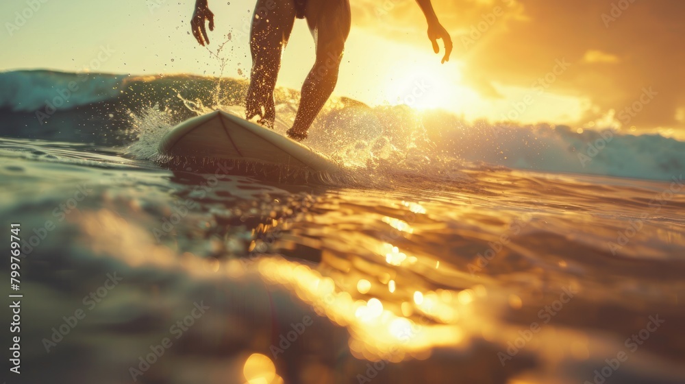Fototapeta premium Close-up of full body surfer at sunset