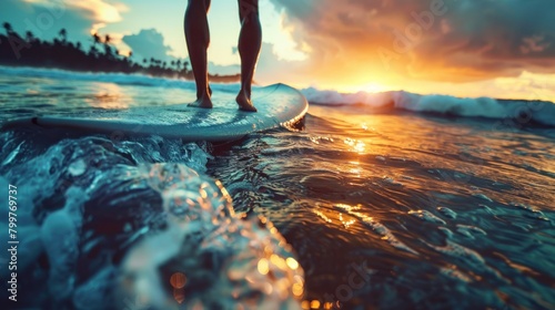 Close-up of full body surfer at sunset