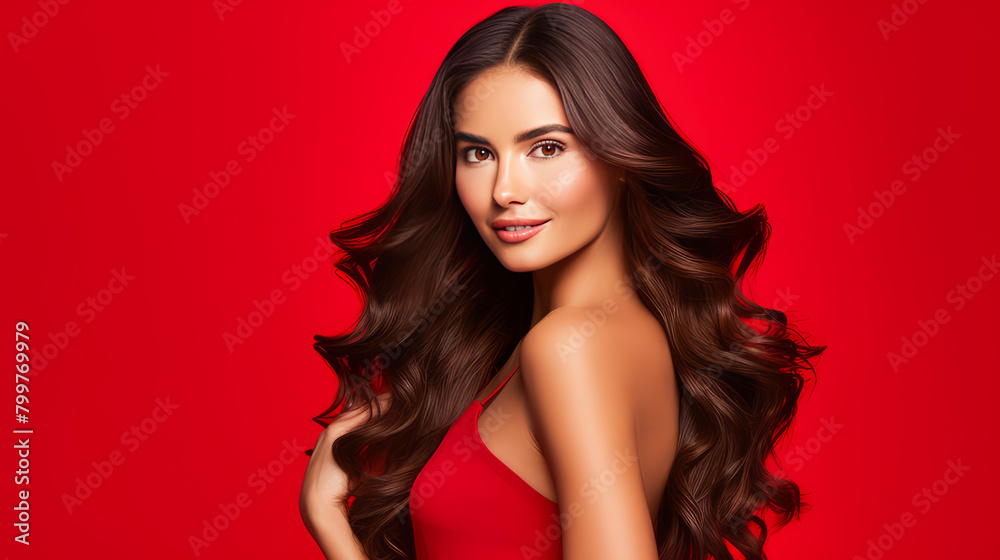 Beautiful, elegant, sexy Latino, Spain woman with long hair with perfect skin, red background, banner. Beautiful, elegant, sexy Latino, Spain woman with long hair with perfect skin, red background, banner.