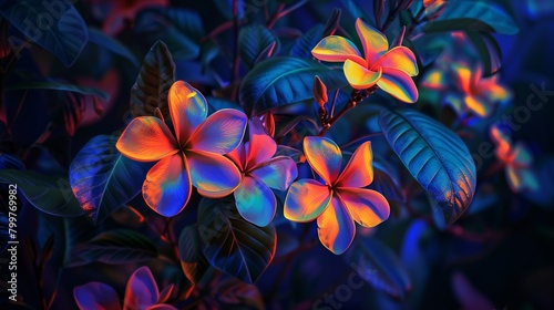 Neon colored flowers glowing against a dark background vibrant and surreal in a dreamy night setting