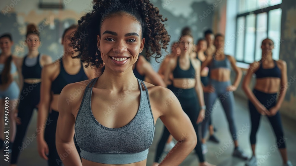 Full body view of female athlete standing smiling looking at camera in studio, background