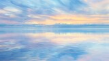 Tranquil scene of a smooth water surface reflecting serene sky colors at dawn embodying peace and stillness