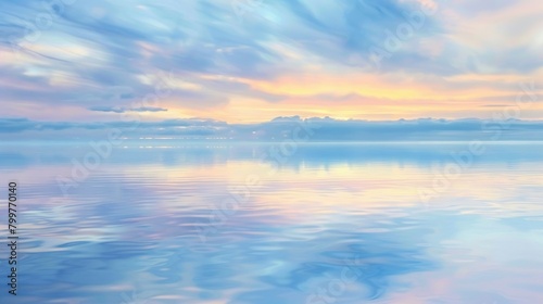 Tranquil scene of a smooth water surface reflecting serene sky colors at dawn embodying peace and stillness © Jenjira