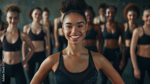 Standing female athlete smiling at camera, background shows studio, full body view