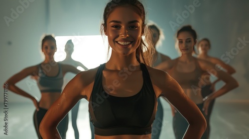 Standing female athlete smiling at camera, background shows studio, full body view