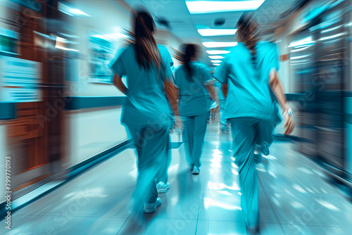 Blurry movement of nurses and doctors working in the hospital
 photo