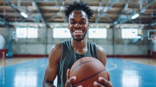 Male basketball player smiling using mobile phone on basketball court. Sports, active lifestyle.