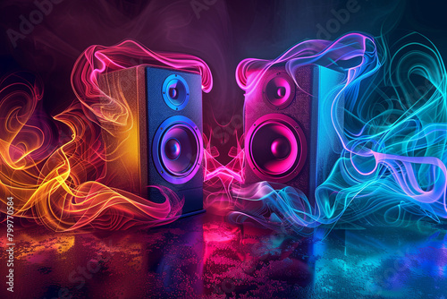Two sound speakers in neon light with sound wave between them on black photo