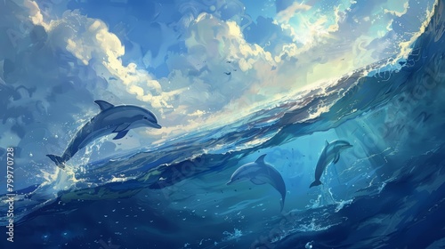 The deep blue ocean mirrors the sky above  punctuated by the graceful arcs of dolphins  bright water color