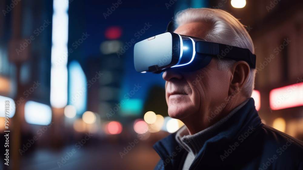 Senior man enjoying VR headset gadget outside at night. Elderly male having fun and playing metaverse gaming. Concept of virtual reality and modern technology in old age
