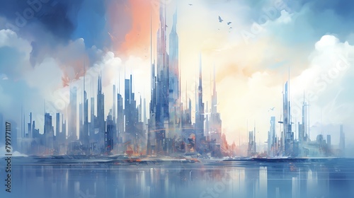 Produce a visually captivating side view of a futuristic cityscape